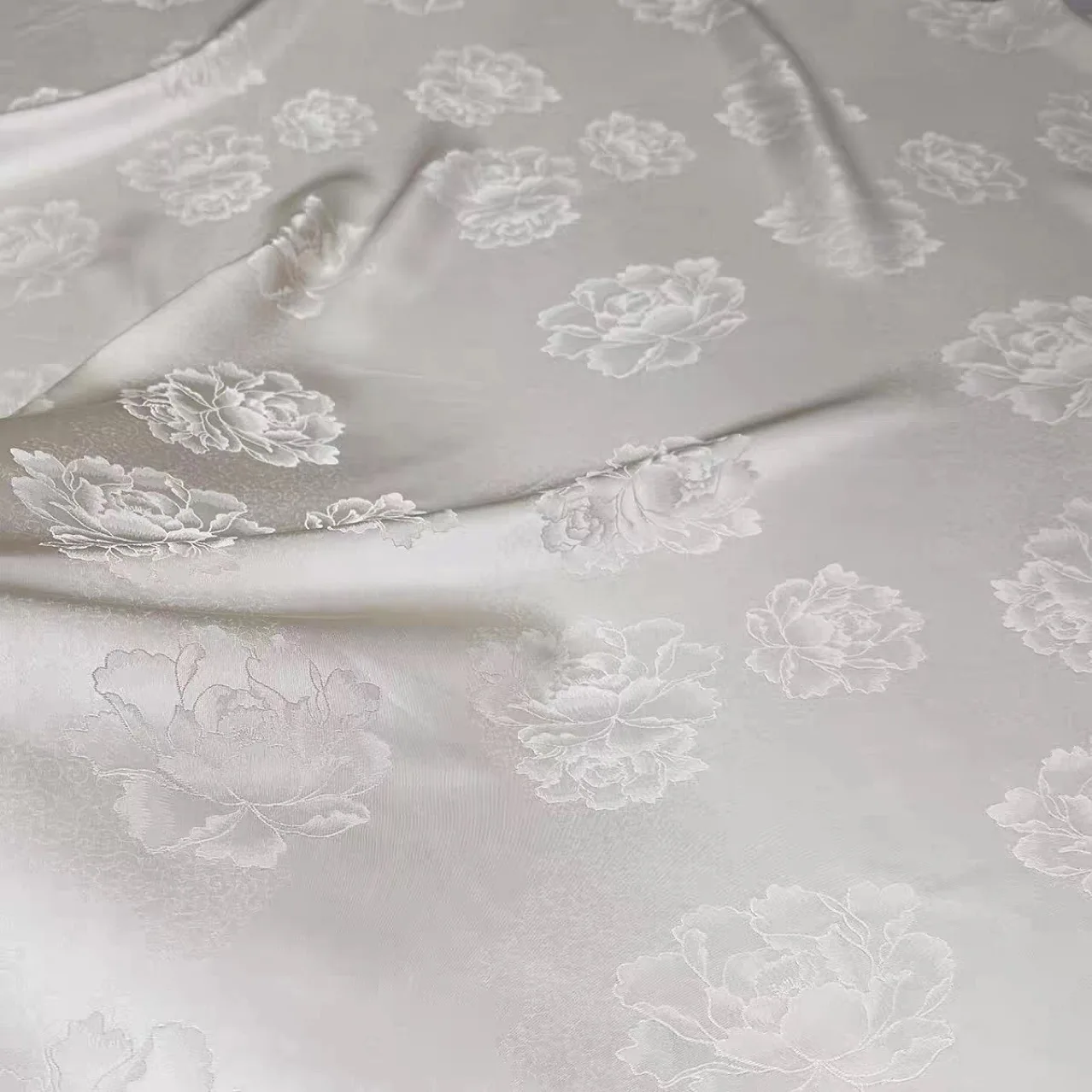 Peony Jacquard Satin Fabric, Delicate Dark Floral Pattern Chinese Style Textile, Smooth Sewing Material For Qipao Hanfu Skirt