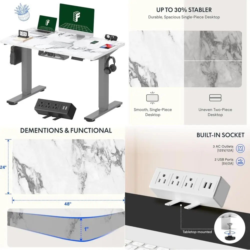 FLEXISPOT EN2 Whole-Piece Standing Desk with Clamp Power Strip, 48 x 24'' Electric Stand Up Height Adjustable Desk with Cable Ma