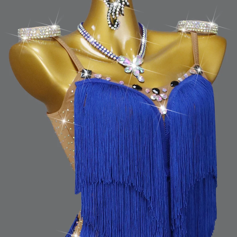 Vestido feminino de dança latina com franja, roupa prática de samba, roupa sexy de festa azul dancewear, tops para senhoras, novo, 2022