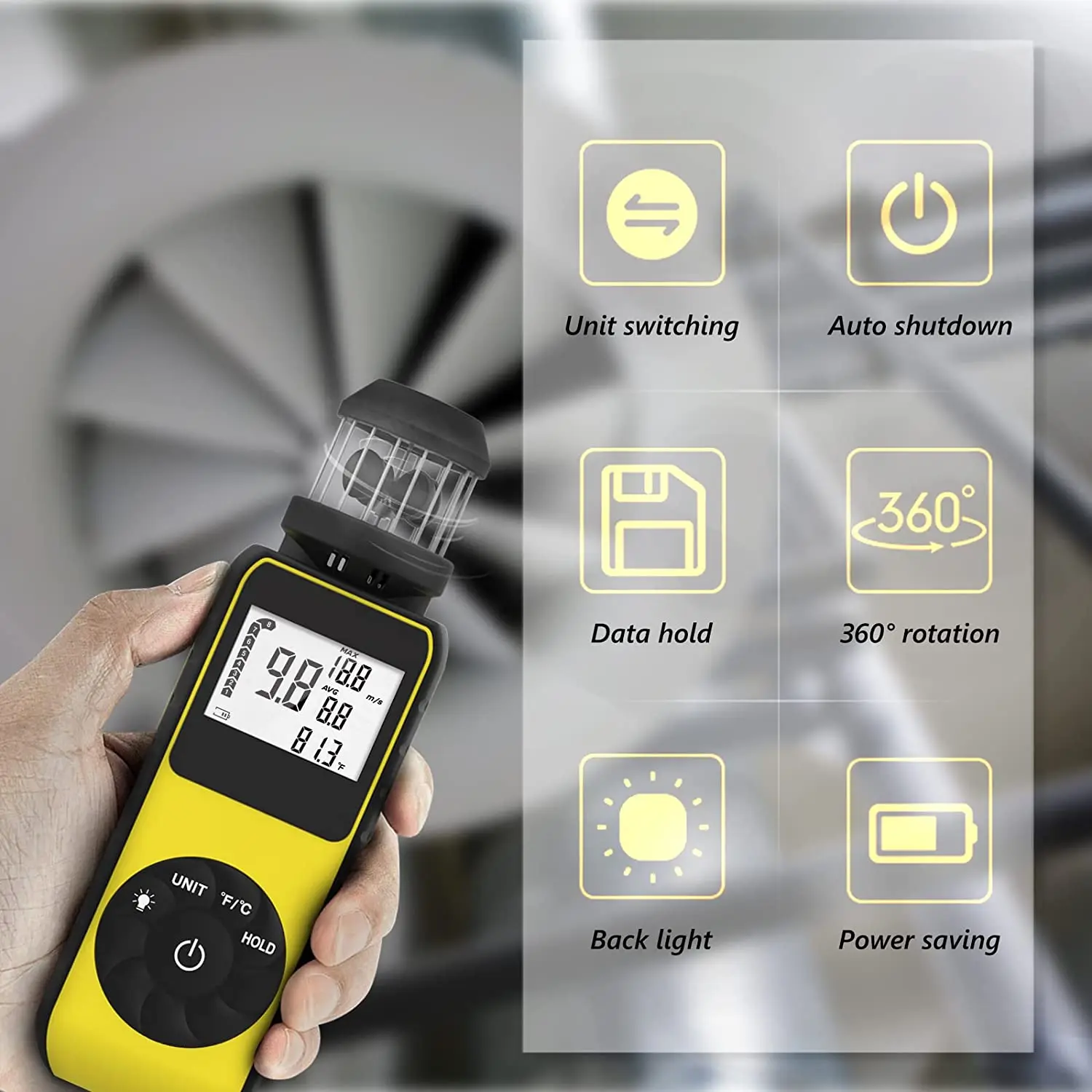 BT-881M Anemometer/Handheld Anemometer, 360° Rotation for Measuring Wind Speed, Wind Direction, Temperature, with LCD Backlight