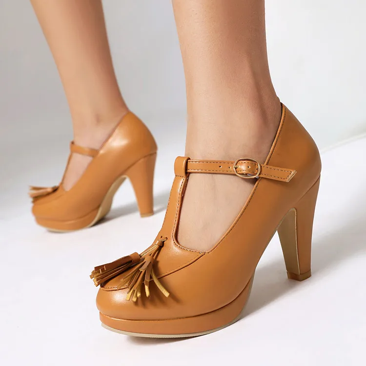 

ORCHA LISA Fashion shoes Sexy Women's Pumps Round Toe 9cm Chunky Heel 1.5cm Platform T-Strap Tassels Buckle Plus Size 48 Sale