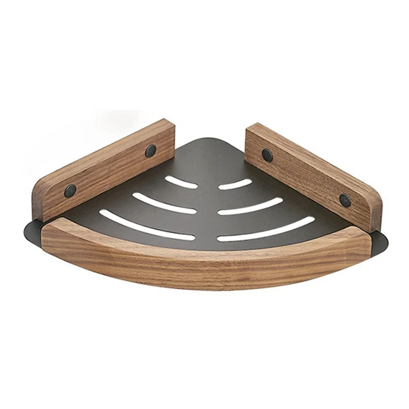 أرفف حمام من خشب الجوز من BAAG، رف تخزين زاوية الدش المثبت على الحائط، رف منظم المطبخ