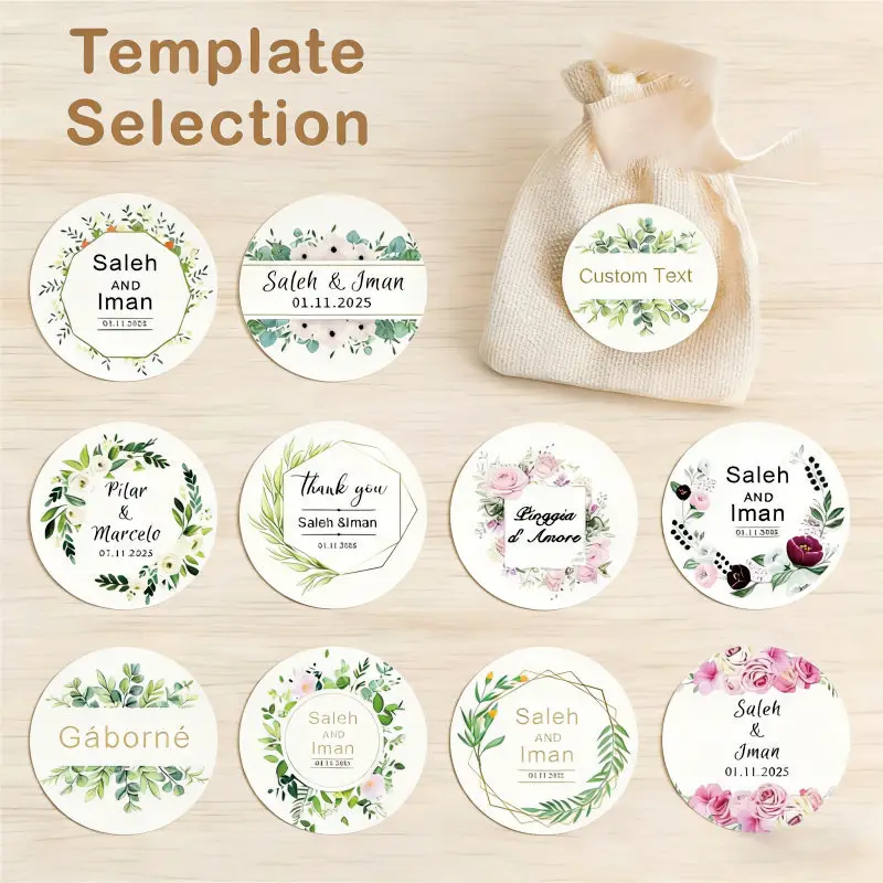

Personalized round label stickers, wedding sticker customization with names, and bride gift giving party thank you stickers
