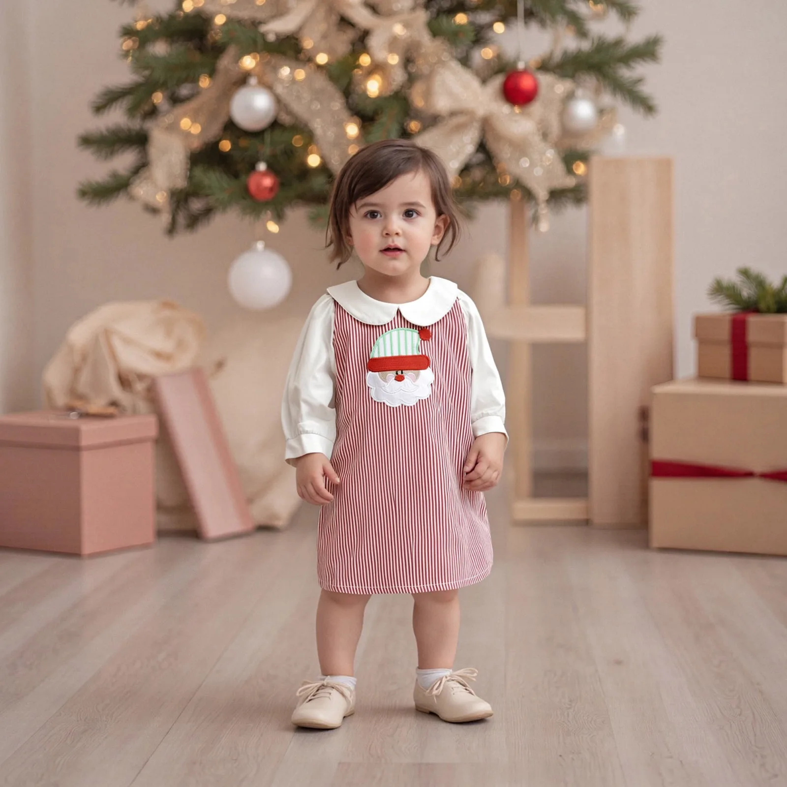 

Toddler Baby Girls Christmas Clothes Santa Claus Embroidery Striped Tank Dress with Bubble Long Sleeve Tops 2Pcs Outfit
