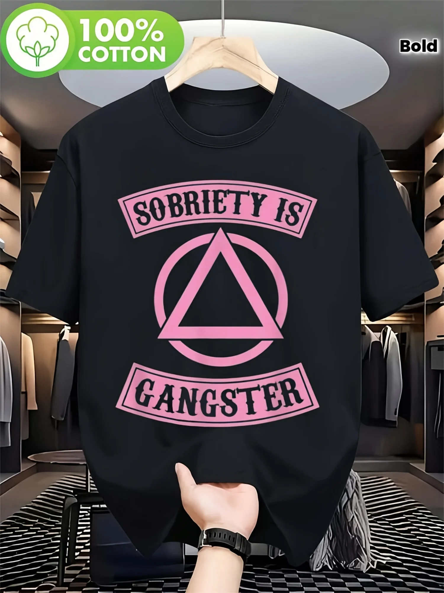 Sobriety Is Gangster Men's Black T-Shirt - Bold Pink Inspirational Quotes and Triangle Symbols, 100% Regular Short Sleeve T-Shirt, Machine Washable, Men's Recovery Gift