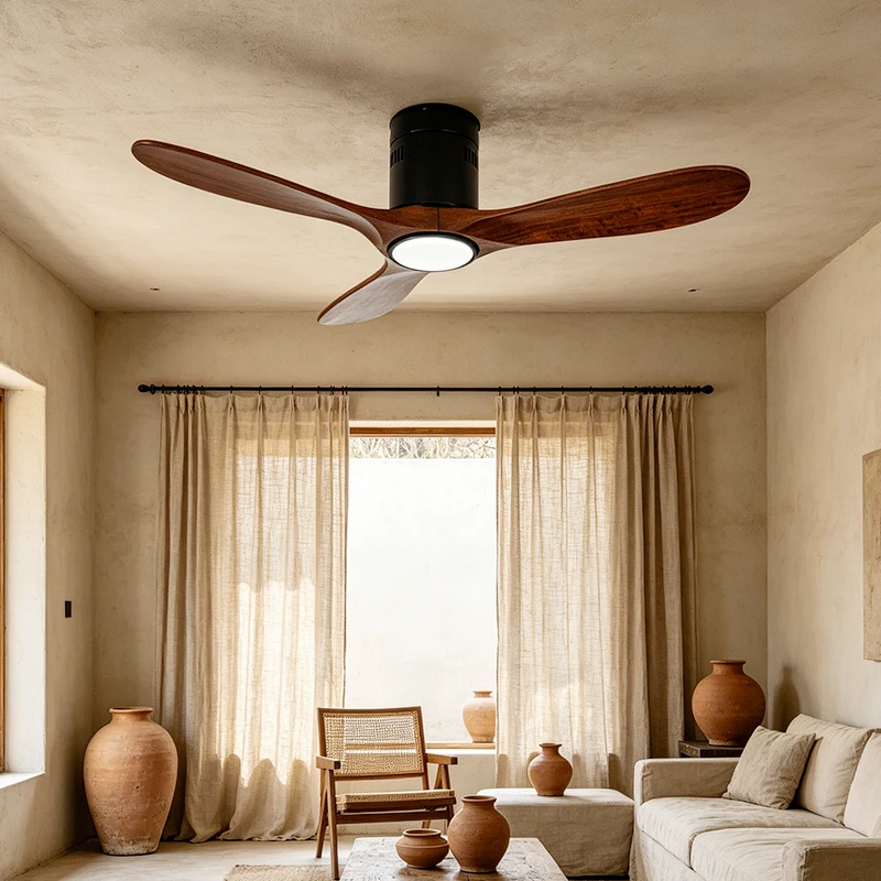 

32W Silent Ceiling Fan with Light 52 In Solid Wood Ceiling Fans Remote Control LED Tricolor Light Living Room Bedroom Decorate