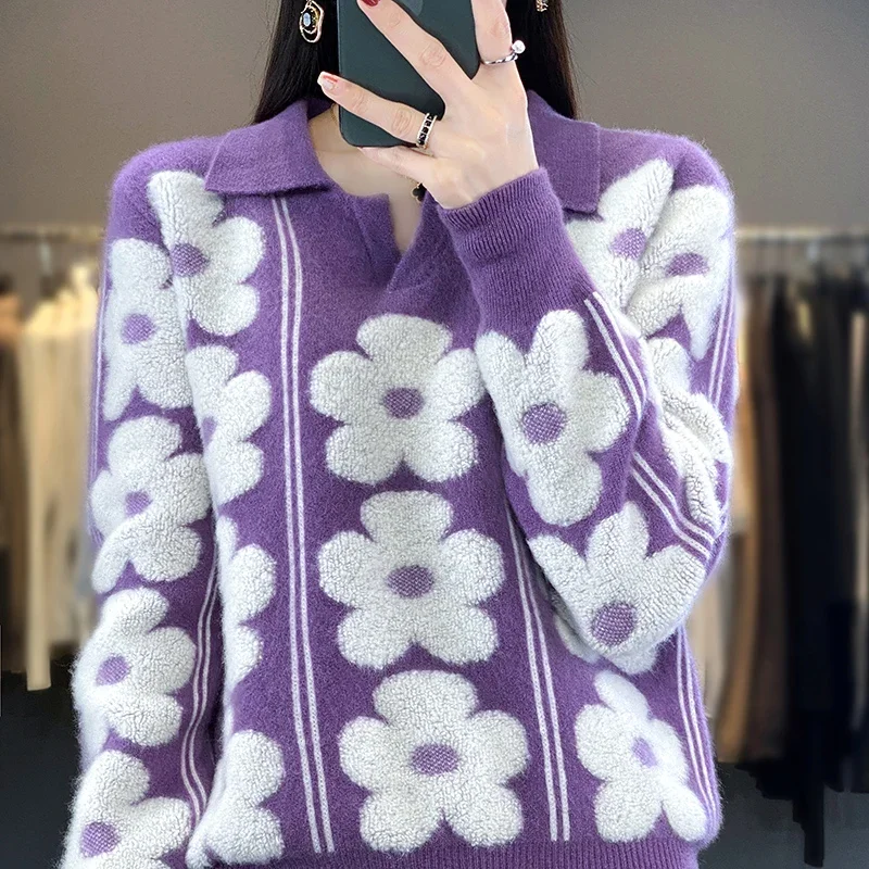 

Pullover Cashmere Sweater New 2024 Fashionable and Comfortable Autumn and Winter Knitted Lapel Women's 100% Pure Wool Sweater