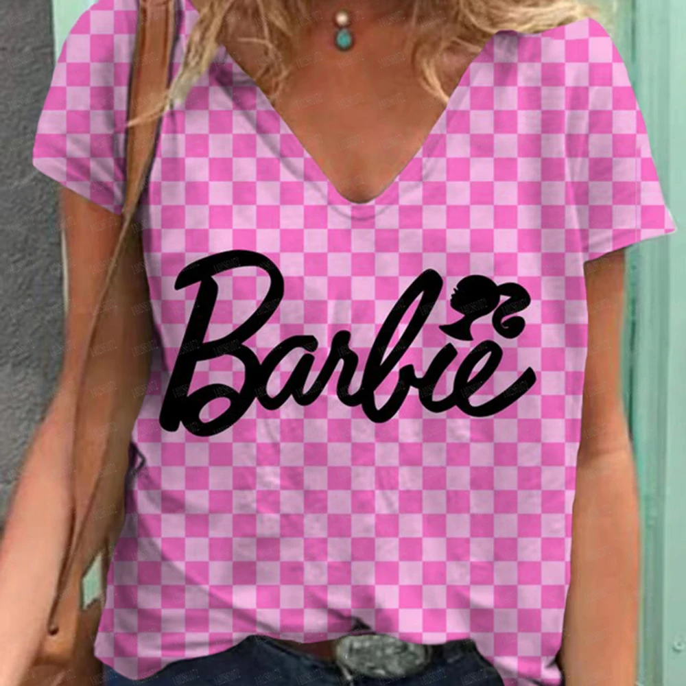 Damen T-Shirt Kawaii Barbie Prinzessin drucken 3D T-Shirt Top Mode Y2k Kurzarm T-Shirt V-Ausschnitt Damen bekleidung großen Summ