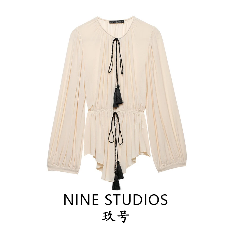 Romantic Style Women's Shirt Gauze Long Sleeve Waist Cinched Tie Drape Top European Style A-Line Sleeve round Neck Zipper Clo...