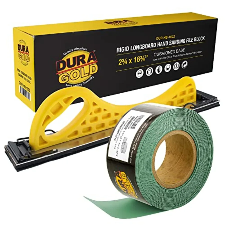 

Dura-Gold Pro Series Longboard Hand Sanding File Sander Block - Hook and Loop Backing and PSA Adapter Pad and 3000 Grit Green S