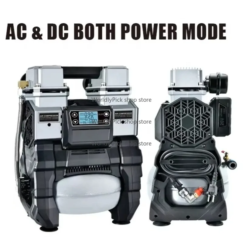 

AC/DC Both Power Mode Brushless Mini Car Tire Silent Portable Pneumatic Oil Less air Compressor Pump tank 5L Alum.