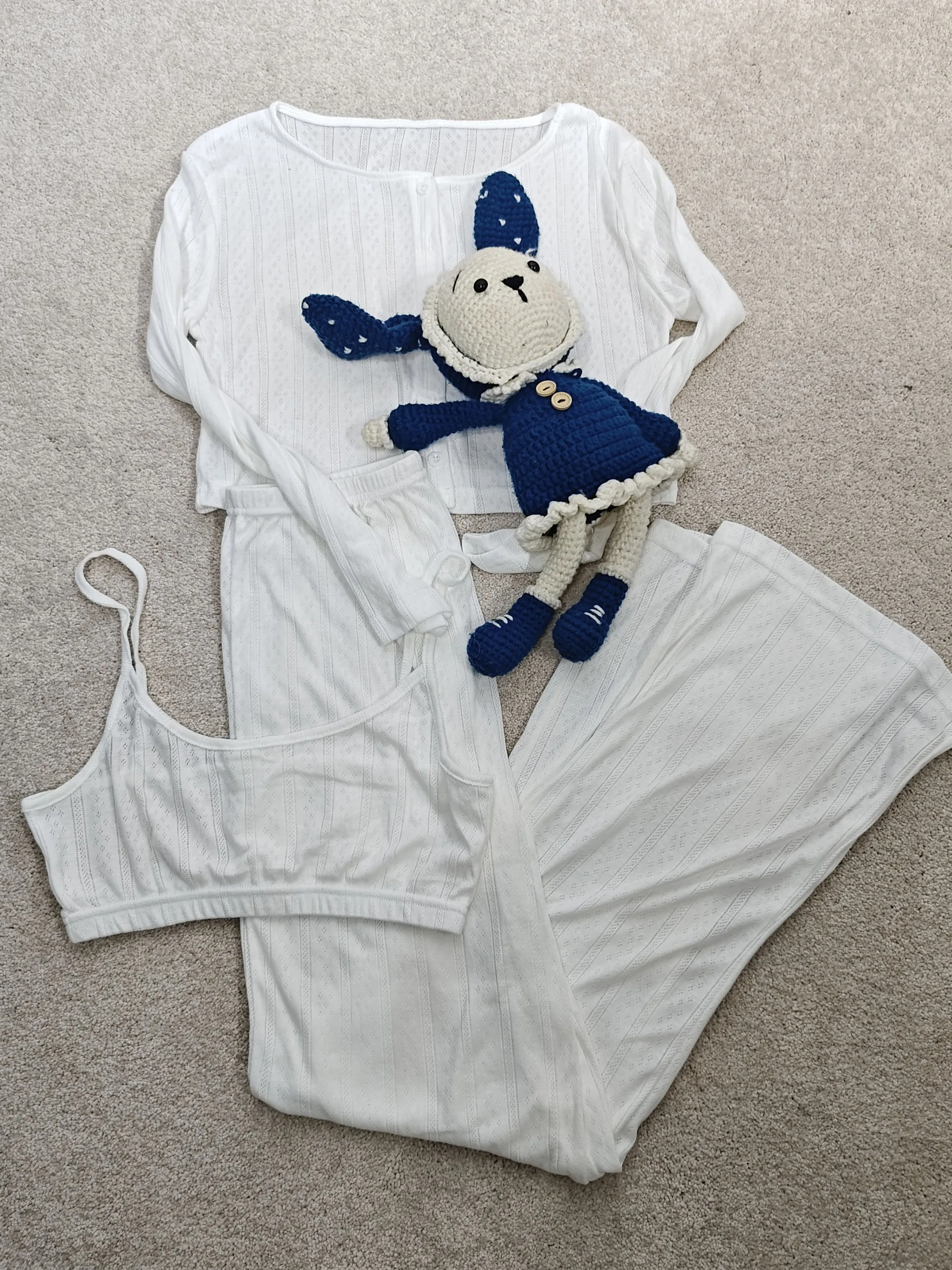 

Eyelet Knit 3 Piece Set Woman Long Sleeve Cropped Cardigan+Bra+Buttons Straight Long Pants Casual Home See Through Pajama Sets