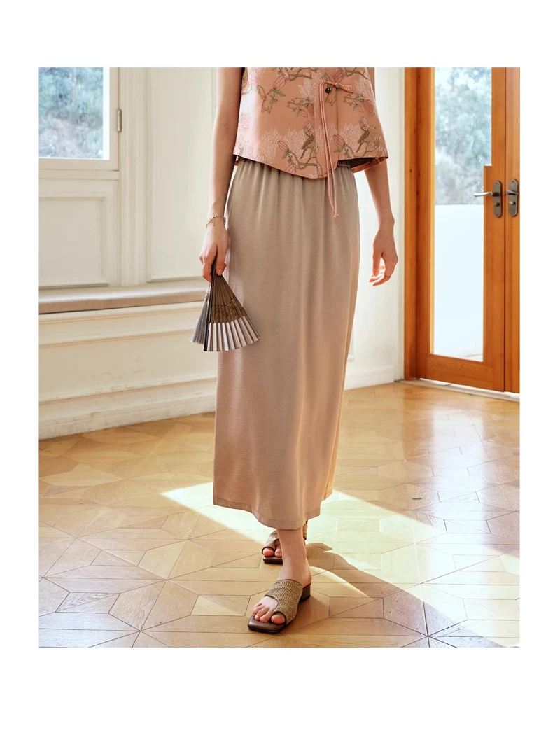OLrain Office Lady Midi Skirt Women 2025 Spring Summer Straight Elastic High Waist Slit Elegant Ankle Length Skirts O24XB83538