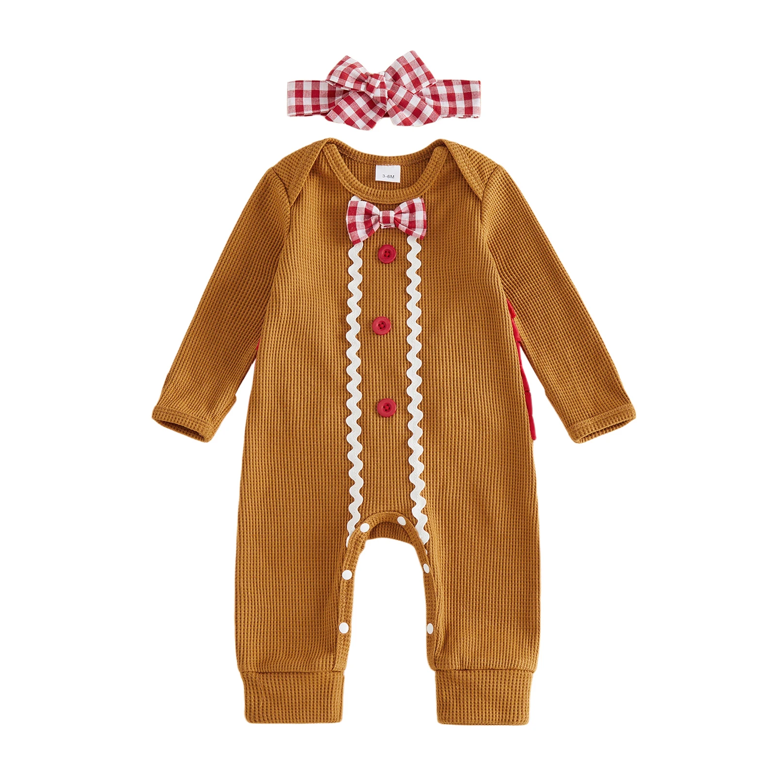 Baby Girls Gingerbread Romper Christmas Bow Tie Long Sleeves Jumpsuits and Cute Headband Set for Toddler Infant Outfits