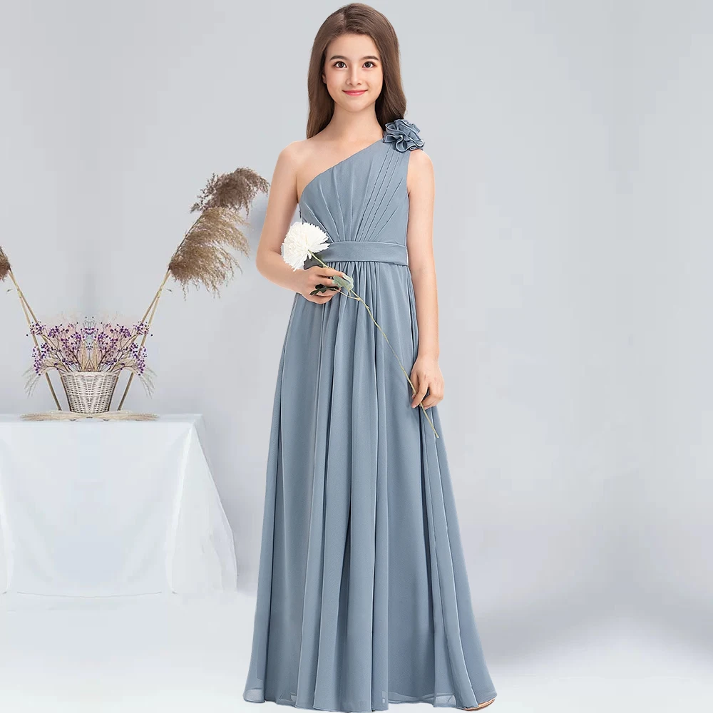 A-line One Shoulder Floor-Length Chiffon Junior Bridesmaid Dress With Flower Dusty Blue Flower Girl Dress Party for Wedding Kids