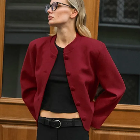 

Red Women's Autumn Suit Coat Stand Collar Single Breasted Long Sleeve Female's Woolen Jacket Slim Fit Versatile Outwear For Lady