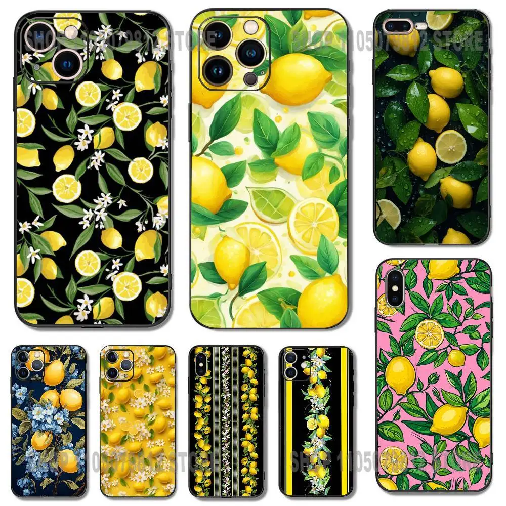 

Luxury Fashion Lemon Flower Pattern Phone Case For iPhone 17,16,15,14,13,12,XR,Pro,XS,Max,XR,Plus,Mini Silicone Black Shockproof