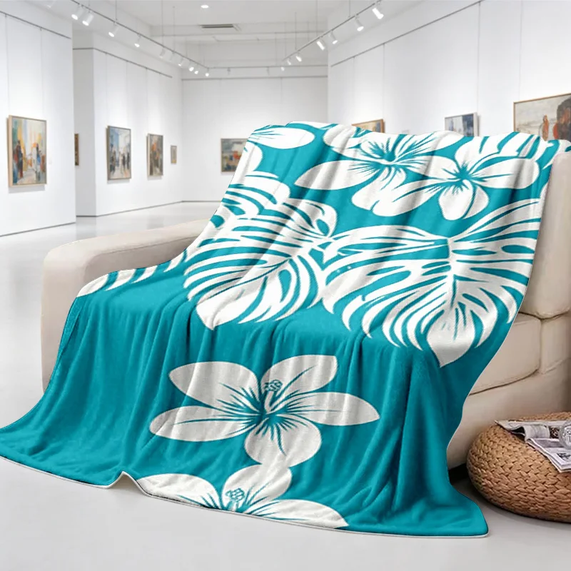 Hawaiian Tropical Frangipani Palm Leaf Fleece Blanket, Cyan Base White Plant Silhouette Cozy Throw for Camping Balcony Daily Use