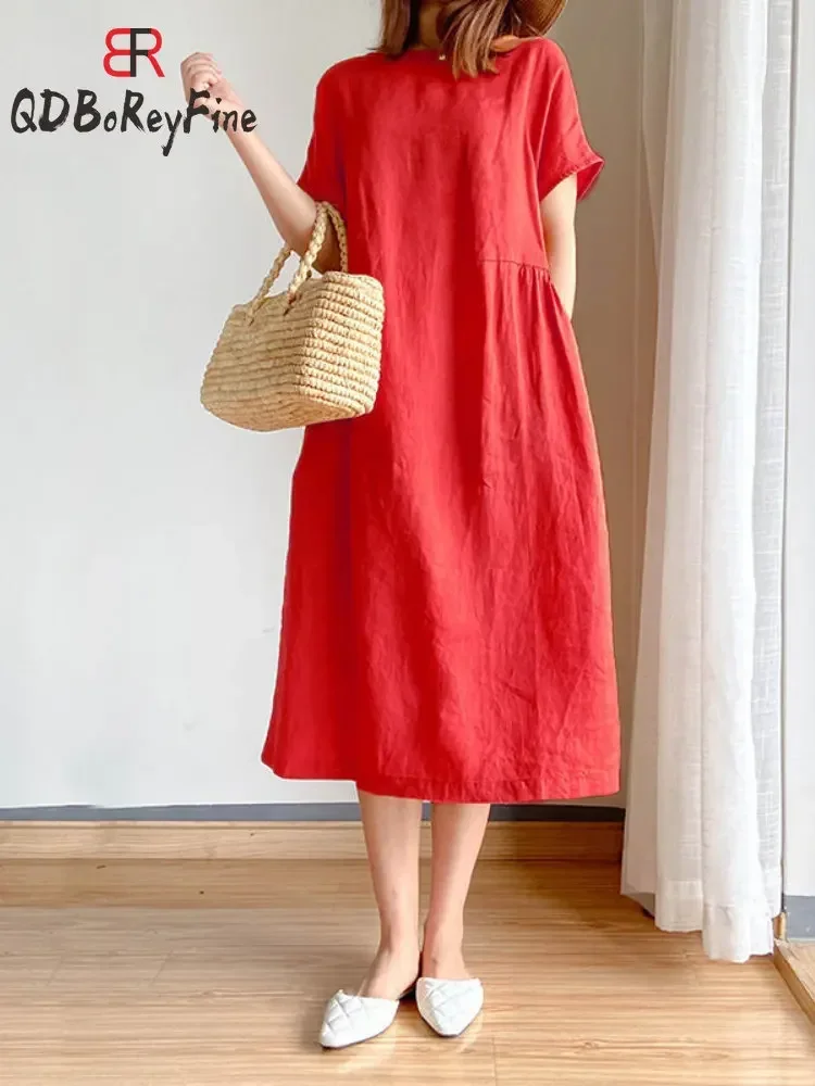 Summer Women Dress Casual Loose Short Sleeve A-LINE Oversize Solid Midi Dress Cotton Linen Dresses for Women Vestidos De Mujer