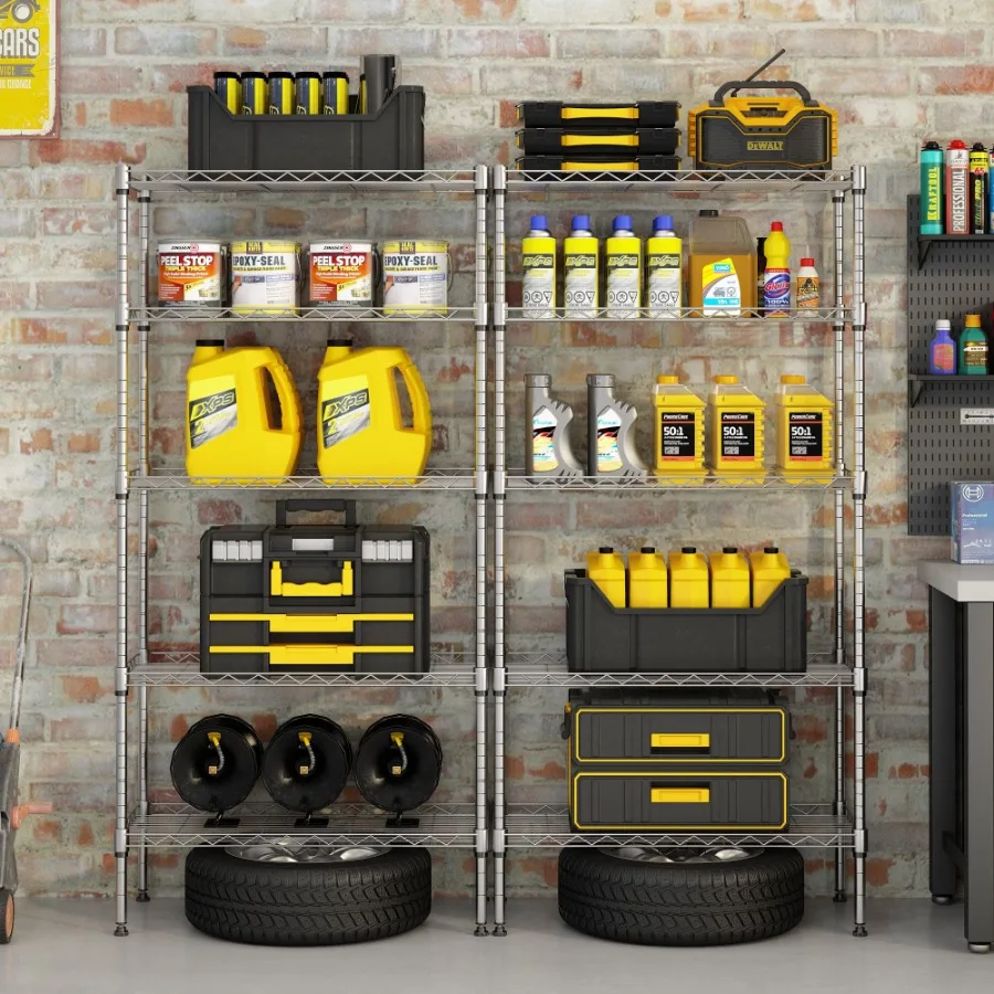 رف تخزين معدني مستطيل من 5 طبقات، فضي ورمادي، وحدة رفوف من الفولاذ الكربوني شديدة التحمل، منظم قائم بذاته قابل للتعديل لـ K