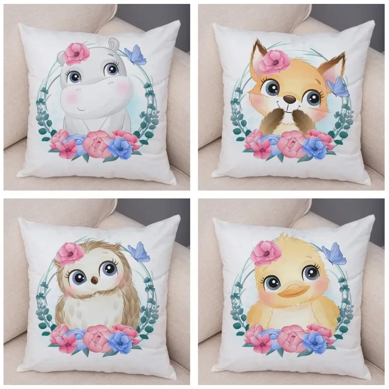 Cartoon Bird and Leaves Pillow Case Decor Cute Animal Lion Cushion Cover for Children Room Sofa Home  Pillowcase 45x45cm