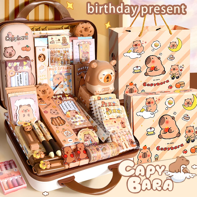 Capybara-themed stationery gift set - various school supplies including stickers, notebooks, pencils and accessories