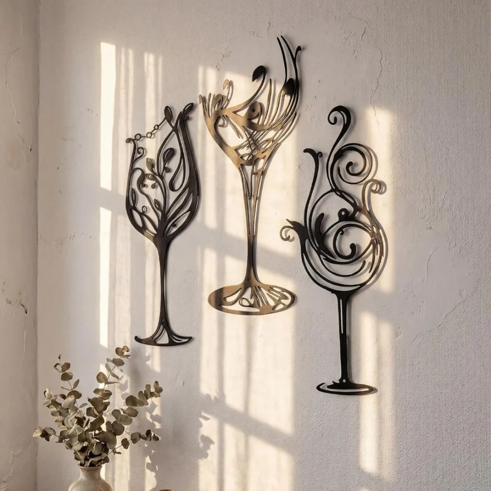 3 Pieces Metal Wine Glass Wall Art Custom Name Number Decor Sign Rustic Iron Wall Decor for Kitchen Dining Room Bar Home Decorat view 3