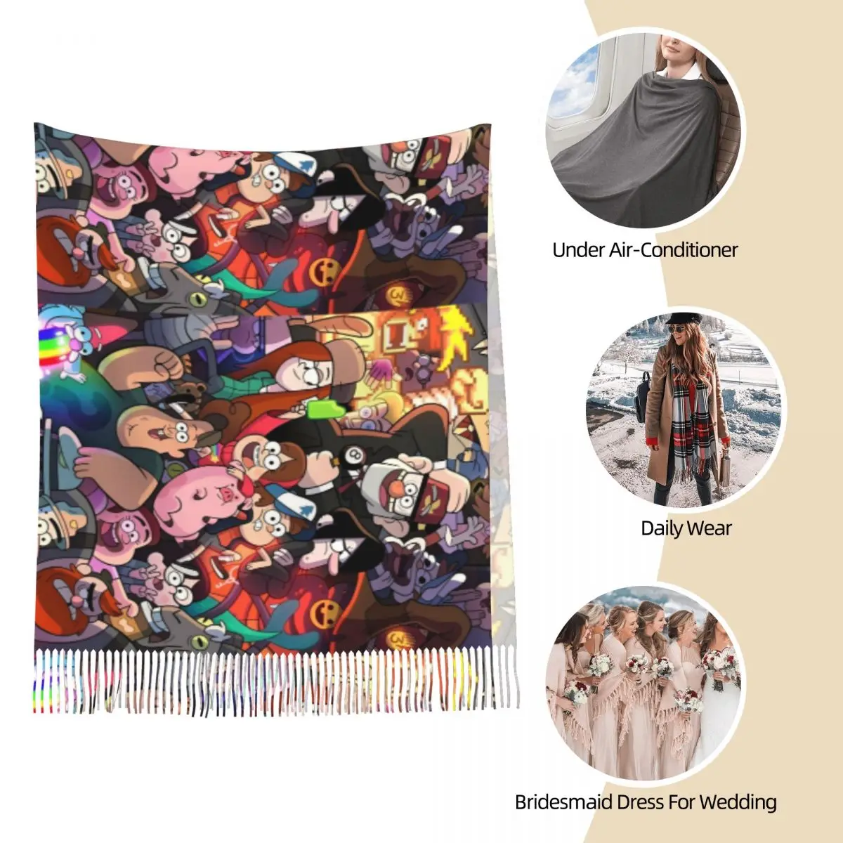 Zwaartekracht Valt Alle Personages Sjaal Wraps Wraps Womens Warme Grote Lange Sjaal Cartoon Anime Pashmina Kwast Sjaals