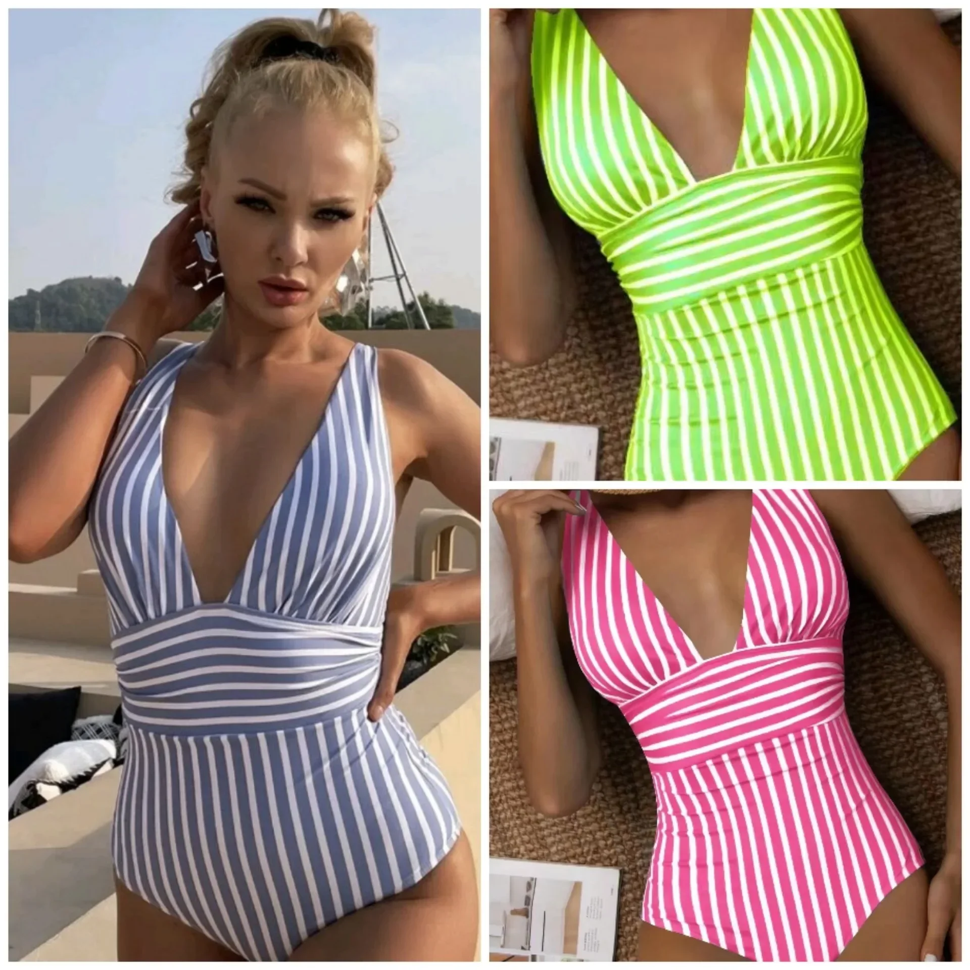 2023 Gestreept eendelig badpak Vintage badmode dames V-hals badpak zwempak vrouwelijke zomer strandkleding bodysuit