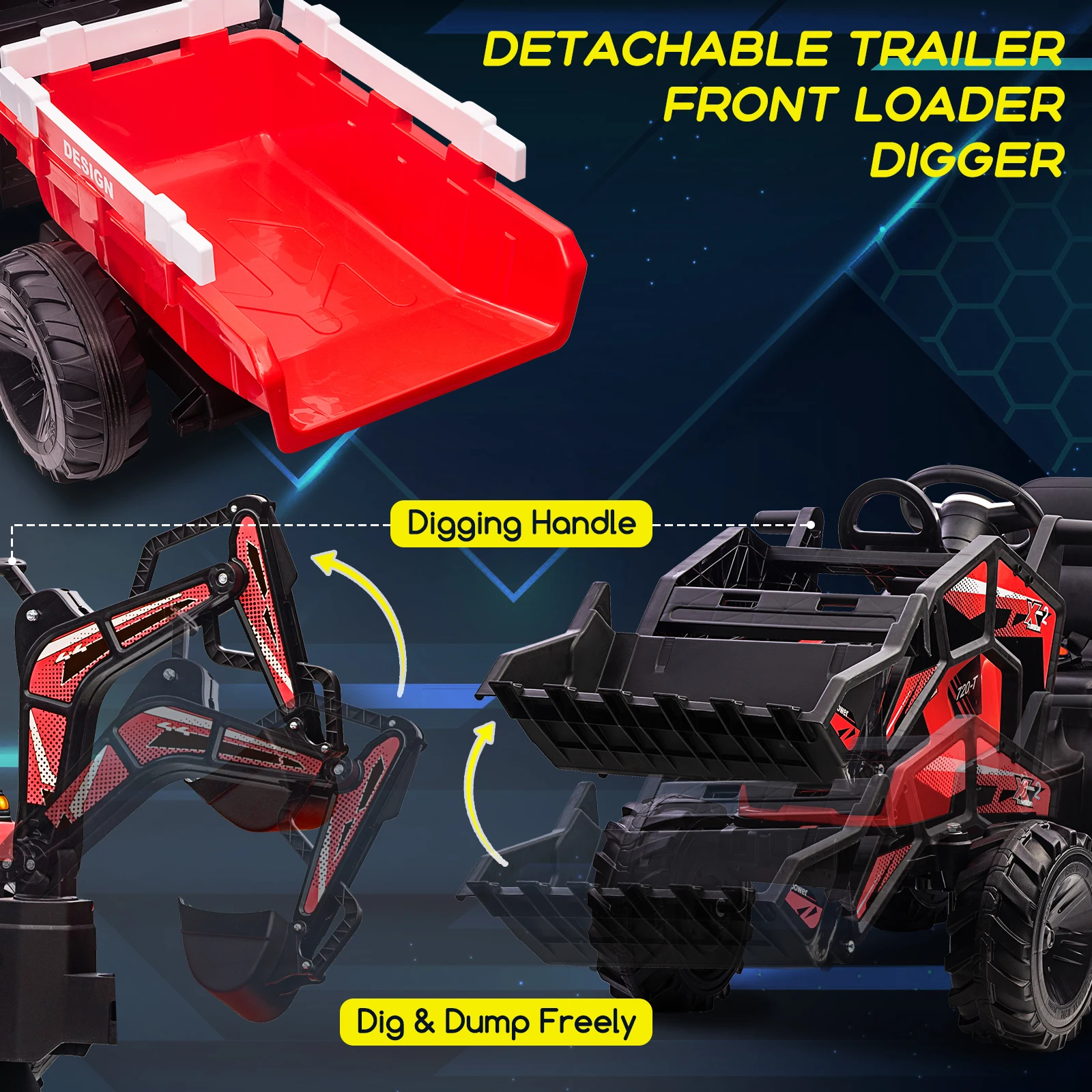 Trattore, escavatore e bulldozer 3 in 1, veicolo elettrico 24 V con rimorchio, secchio per pala, escavatore, telecomando, giocattolo per bambini