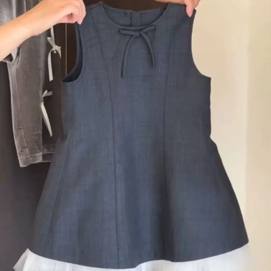 

Dress Children Girl 2025 Summer New Style Solid Bow Sleeveless Versatile Fashion Sweet Casual Brief Preppy Style Korean