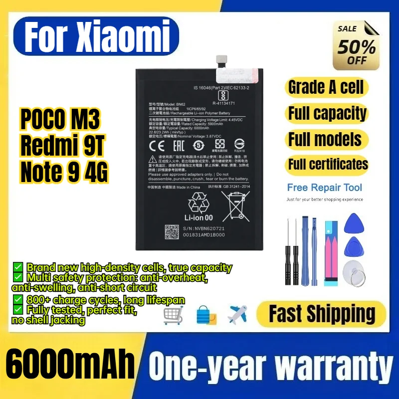 BN62 for Xiaomi POCO M3/Redmi 9T/Note 9 4G Phone Battery 0Cycle High Capacity Battery Replacement Bateria Grade A Cell with Tool