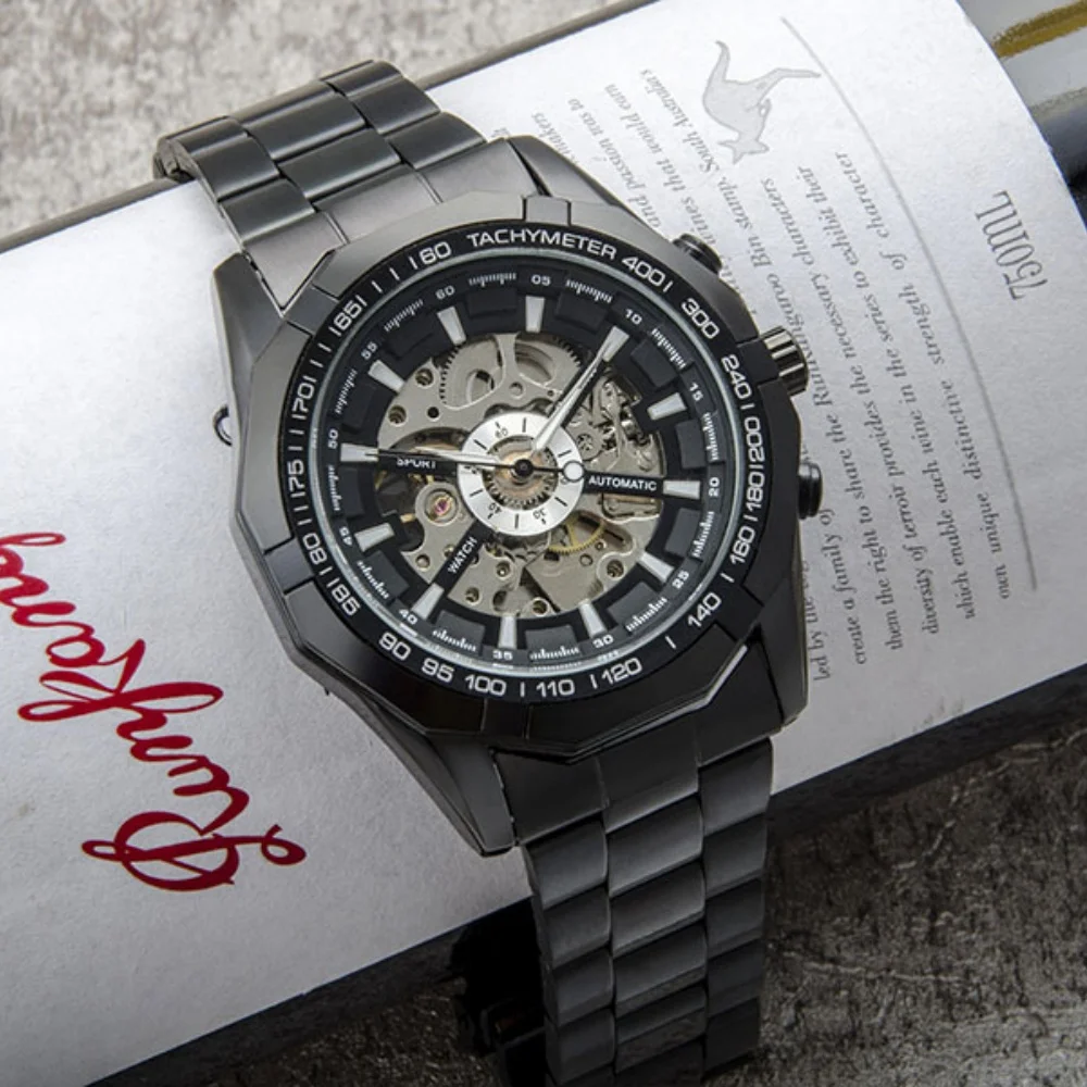 Reloj mecánico automático económico para hombre, correa de acero inoxidable, esfera esqueleto, cuerda automática, reloj deportivo resistente al agua, estilo de lujo de alta gama, perfecto para estudiantes y jóvenes profesionales, duradero y elegante para uso diario.