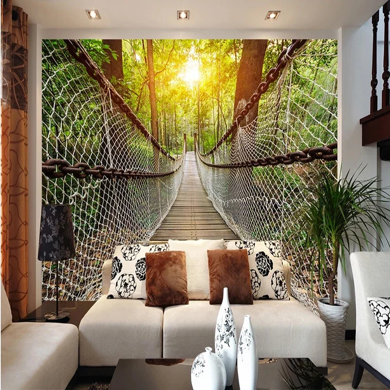 Custom Forest Landscape 3D Wall Mural Bridge Nature Wallpaper for Living Room Dining Room Feature Wall Home Art Decor