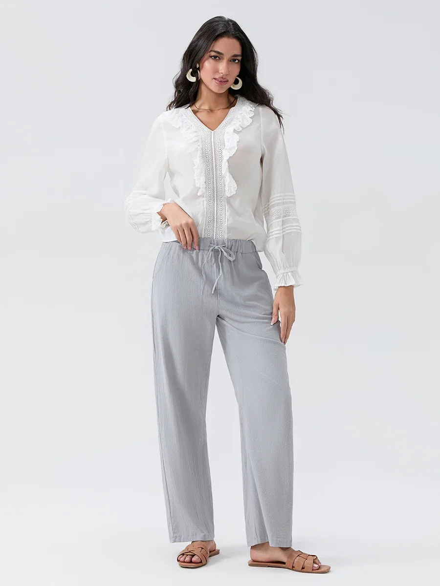 Pantaloni di lino larghi da donna Pantaloni a vita alta con coulisse tinta unita con tasche Abiti primaverili estivi femminili per la vita quotidiana