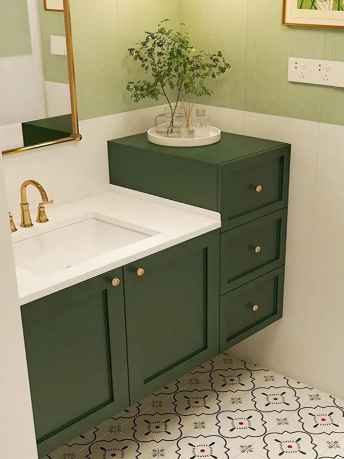 Vintage green bathroom cabinet combination American style light luxury rock plate Corinne integrated