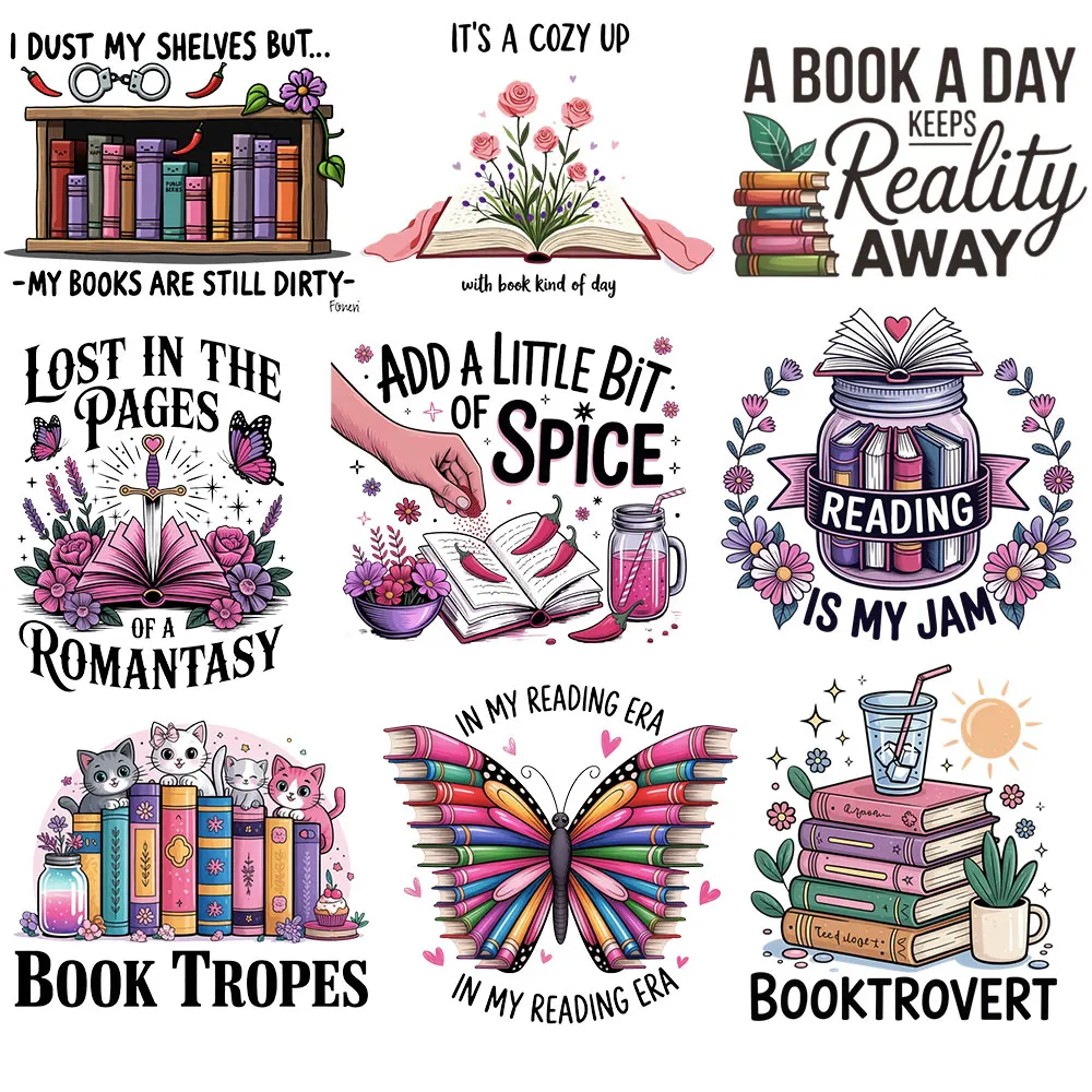 

Iron On Patches for Clothing Cat Book DIY Heat Transfer Stickers Washable Book Lover Applique Decals for T-Shirts Bags Hats