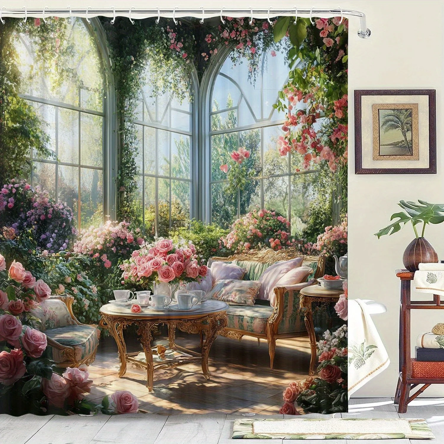 A Sunlit Garden Oasis Shower Curtain: Step into a Serene and Beautifully Designed Space with This Stunning Design Featuring