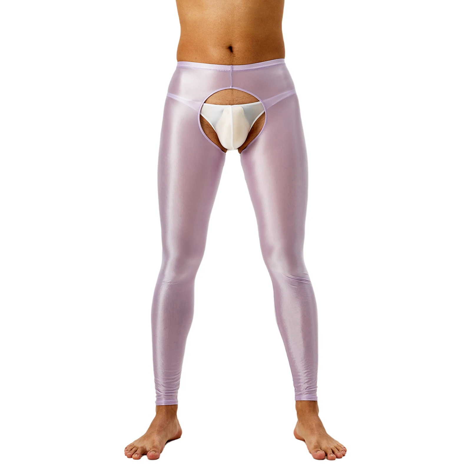 Erkek Yağ Parlak Açık Kasık Tayt Pantolon Yüksek Bel Slim Fit Crotchless Tayt İç Gece Kulübü Dans için Baselayer Pantolon