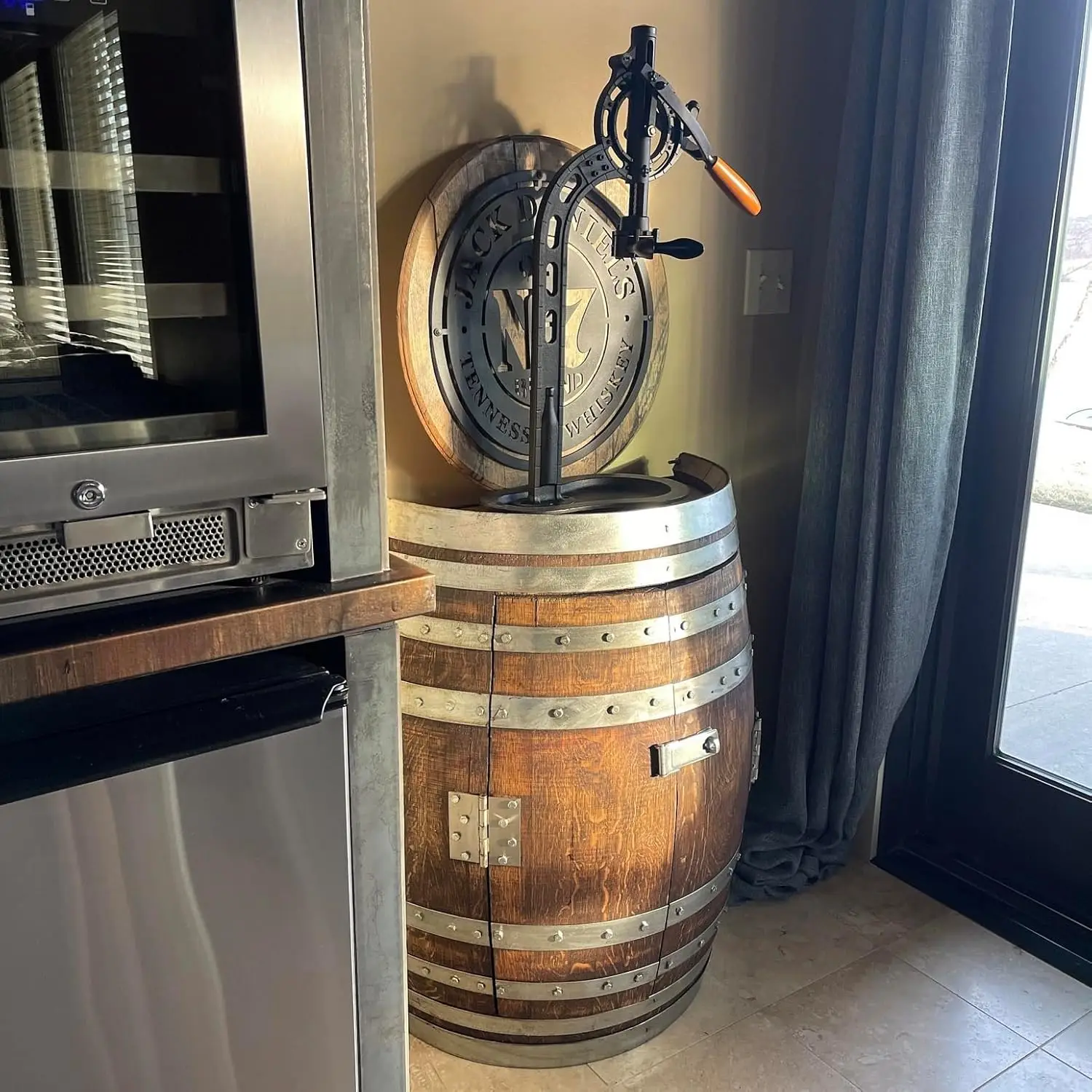 "Wine Barrel Storage Cabinet - Reclaimed Oak Half Barrel with Door, Rustic Farmhouse Decor & Storage"