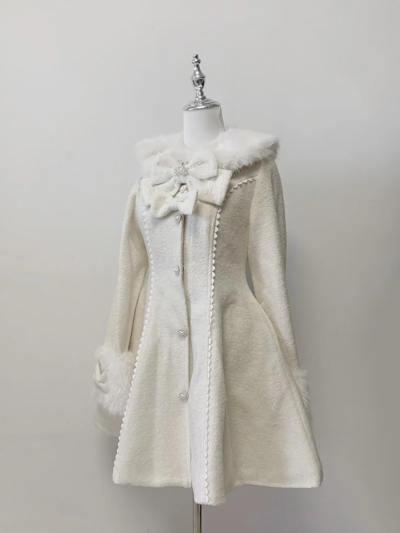 Casaco de Renda Produzido em Massa, 30% Lã, Ajuste na Cintura, Top Longo com Enchimento de Algodão, Gola de Pele, Jaqueta Slim-Fit de Botão Único Japonesa