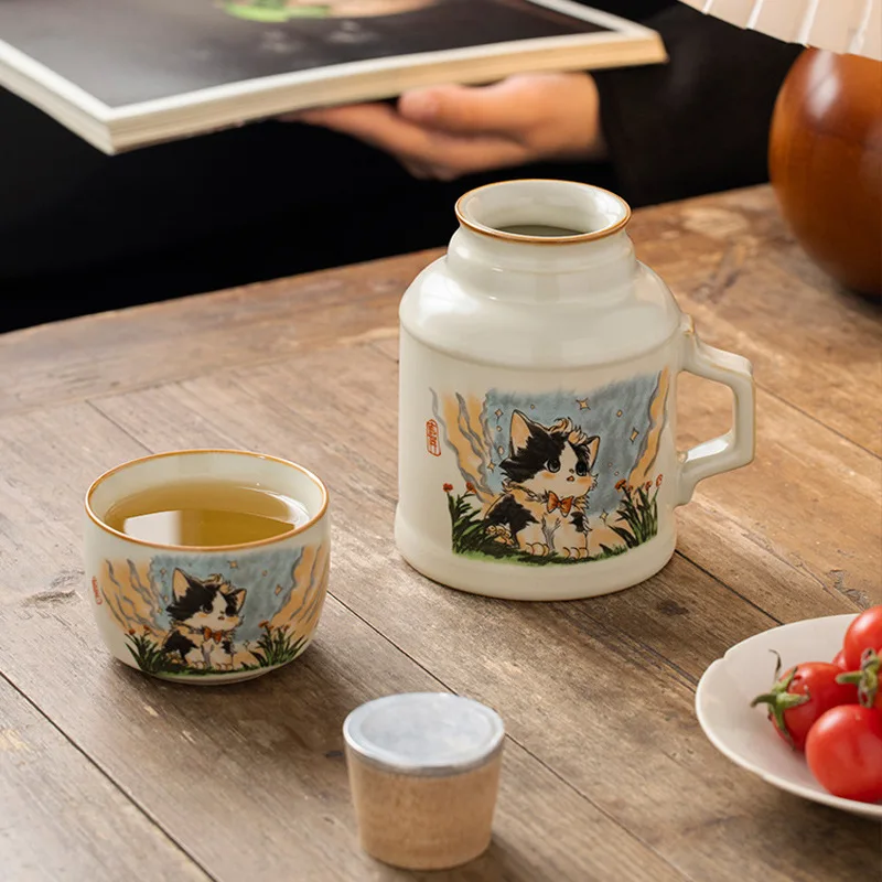 Creative Imitation Thermos, Ru Kiln, Cute Cat, Small Warm Pot, Ceramic Teapot, Stew Pot, Home Thermos Cup