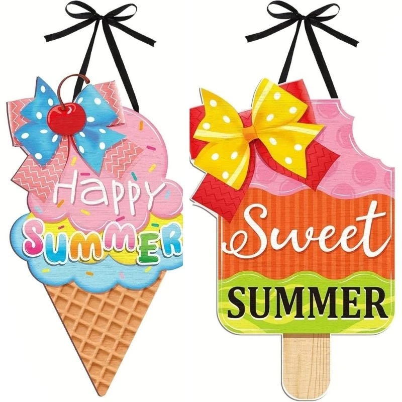 2Pcs Summertime Hangings Door Sign Decors Beach Colorful Ice Cream Plaques