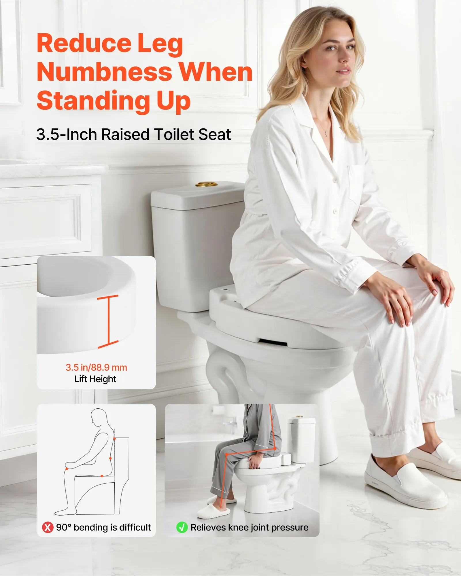 Rehausseur de toilettes robuste, capacité 136 kg, hauteur de levage 88,9 mm, ouverture élargie, compatible avec les cuvettes allongées, aide à la sécurité pour les personnes âgées, les seniors, les handicapés et les adultes.