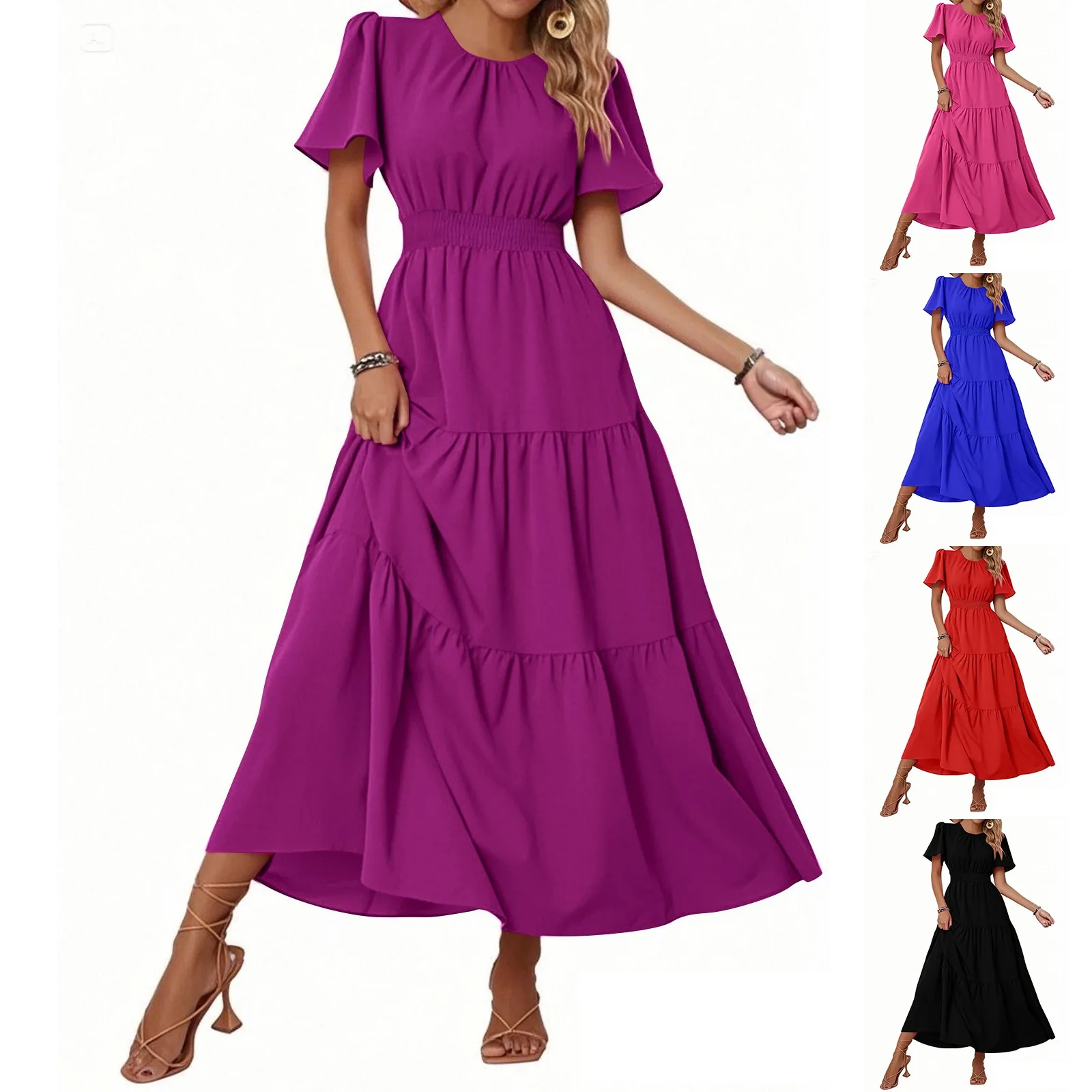 Vestido feminino solto e confortável casual all-match vestido longo em torno do pescoço cor sólida em camadas babados bainha vestidos fluidos