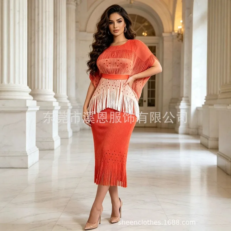 Miyake Pleated 2026 New Fashion Gradient Batwing Sleeve Vest Waist-Tight Tassel Bodycon Women's Long Dress Elegant Two-Piece Set