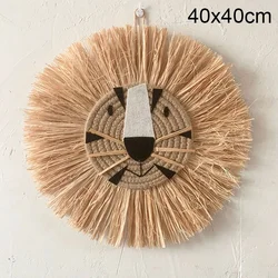 INS Nordic Handmade Cartoon Round Lion Hanging Decorations Cotton Thread Raffia Animal Head Ornament Children Room Wall Mounted