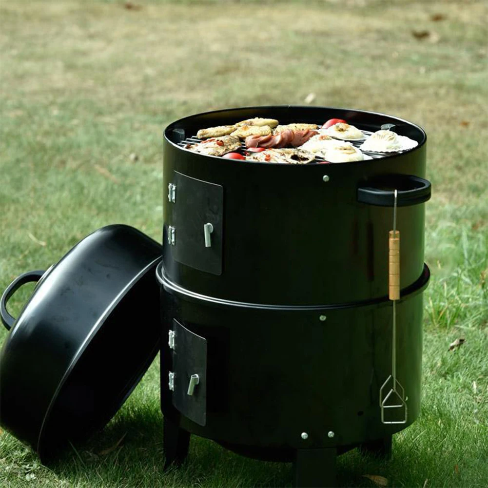 

Vertical Charcoal Smoker with Built-in Thermometer Round BBQ Grill with Air Vent 2 Access Doors for Outdoor Cooking Accessories