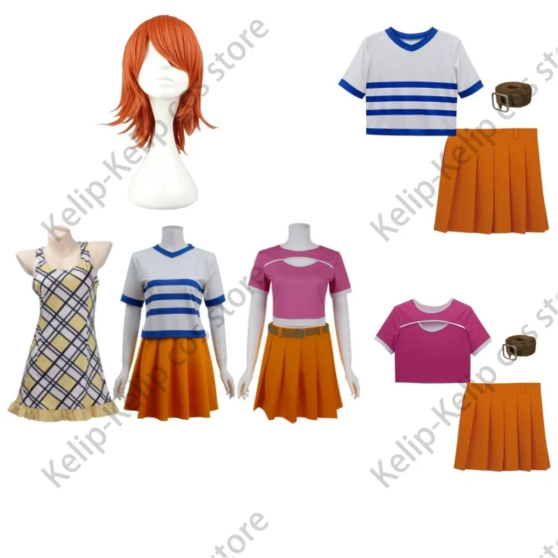 Live Action Movies Nami Cosplay Costume Little Thief Cat Yellow Lattice Sleeveless Dress Wig Woman Sexy Carnival Halloween Suit