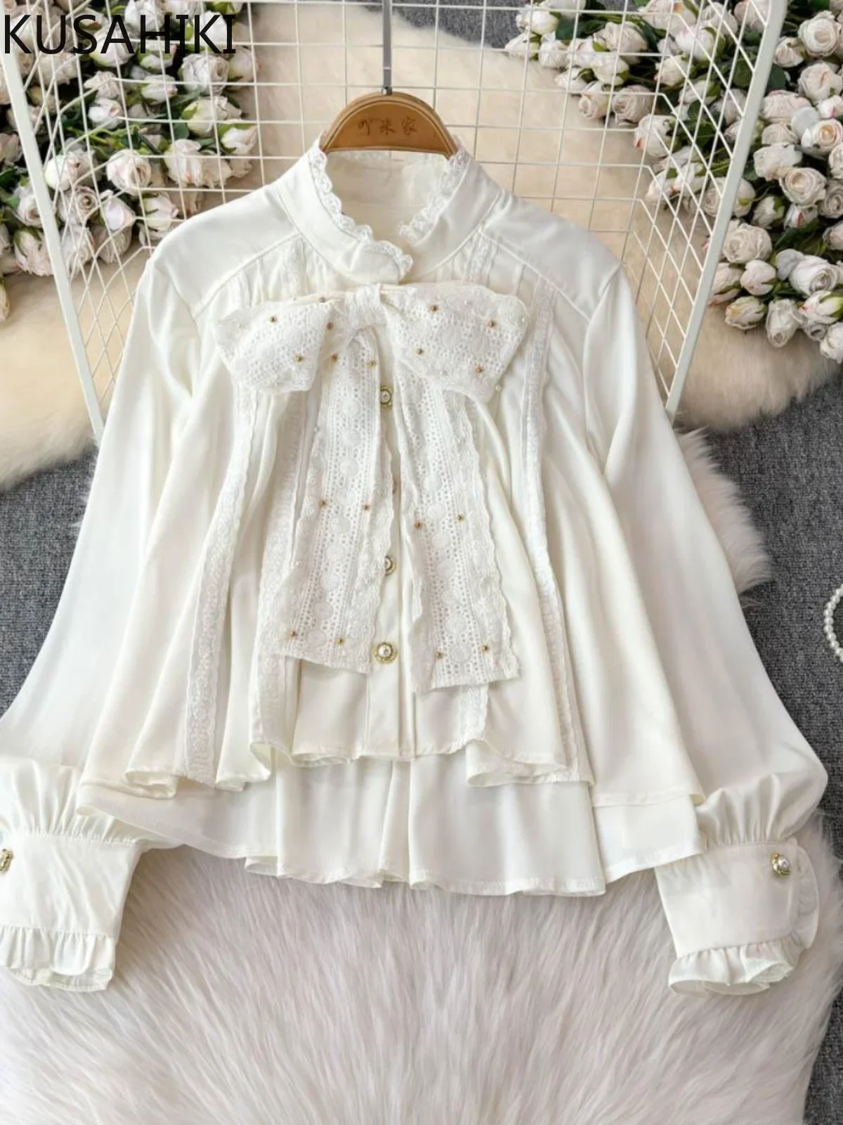 

KUSAHIKI Sweet Korean Versatile Lace White Shirt for Women Autumn 2024 Chic Fashion Bow Long Sleeved Blouse Top